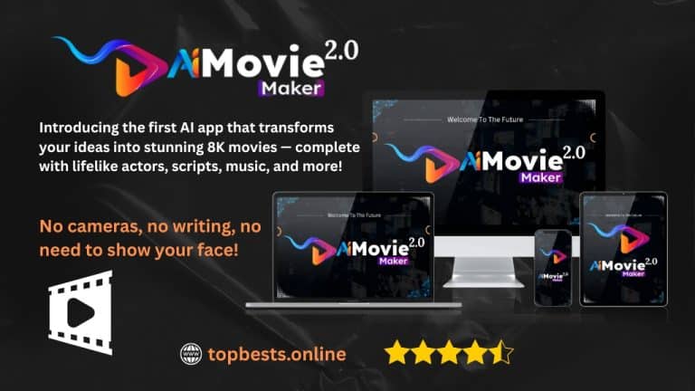 Promotional graphic for AiMovie Maker 2.0, an AI app that creates 8K movies with lifelike actors, scripts, music, and more. The image shows the app displayed on multiple devices including a desktop, laptop, tablet, and smartphone. Text highlights features such as 'No cameras, no writing, no need to show your face!' and includes the website 'topbests.online' with a 4.5-star rating graphic.